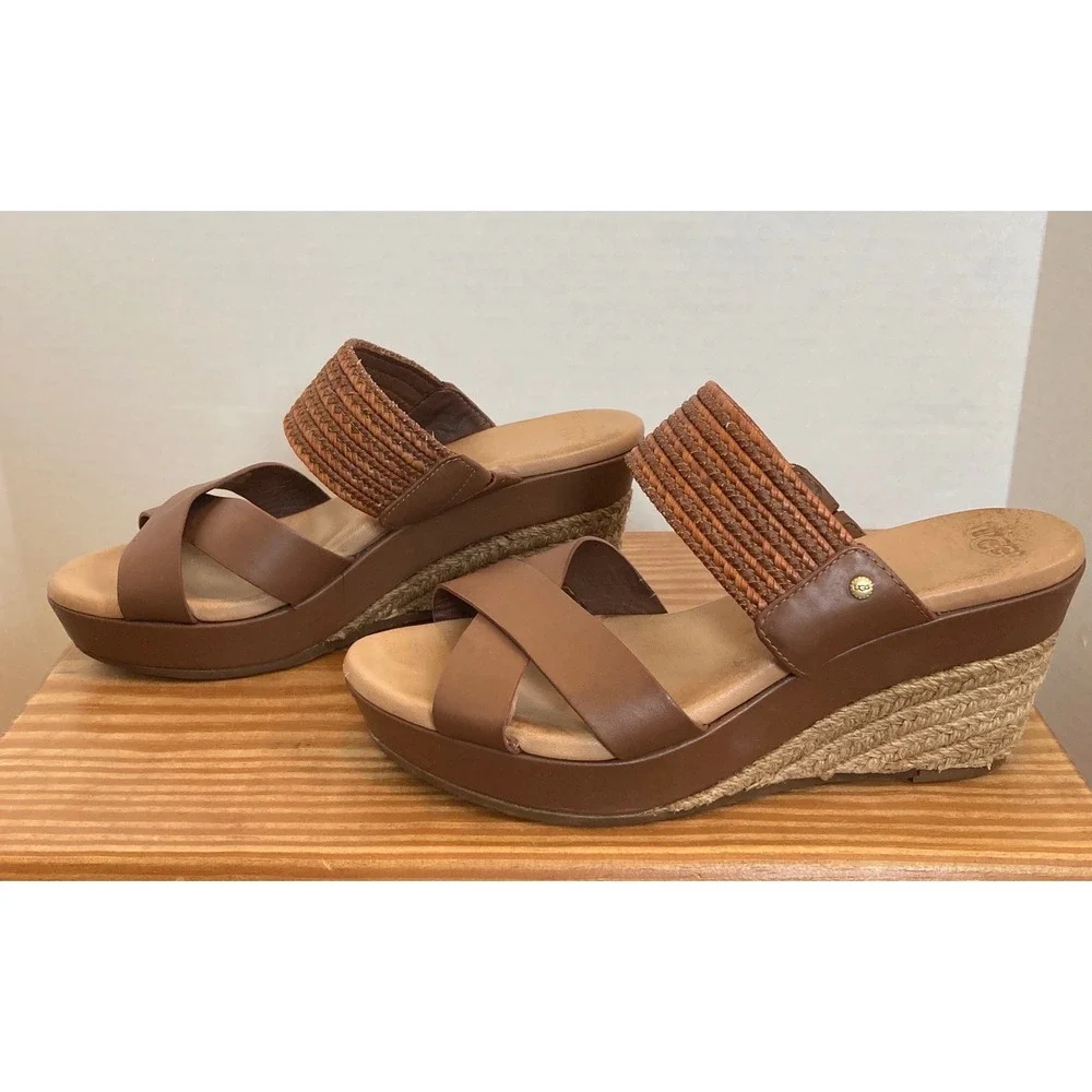 UGG Womens 8 Brown Leather Woven Espadrille Platform Wedge Sandals Earthy Beach